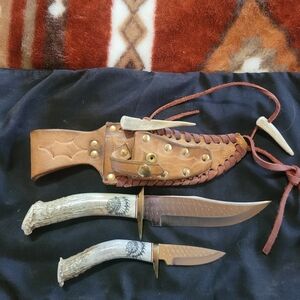 Ken Richardson Custom Made Stag Knife Set With Matching Leather Sheath USA